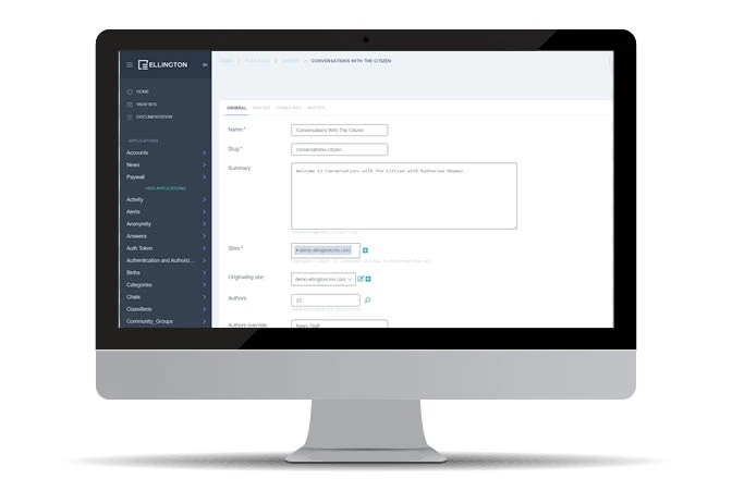 Desktop computer displaying a content management dashboard with form fields and navigation menu.