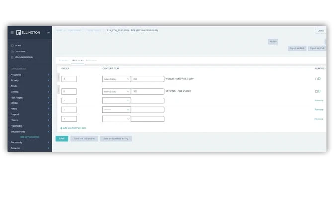 Web-based content management interface showing a list of content items with editable fields and controls.