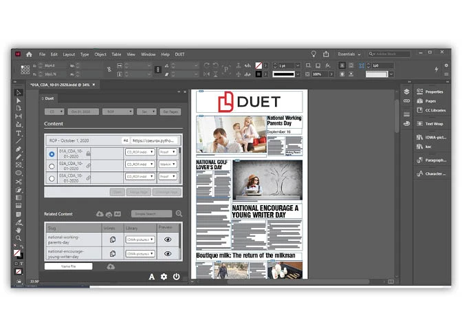 Desktop publishing software interface showing a newspaper or magazine layout being edited on screen.