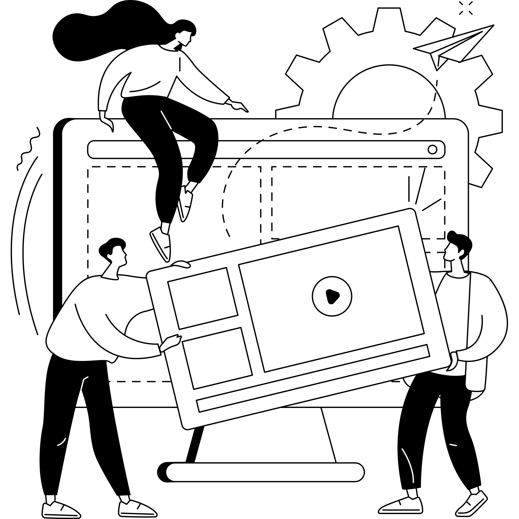 Black-and-white illustration of a team collaborating to build a digital interface, with people positioning a screen in front of a large browser window and gear icon.
