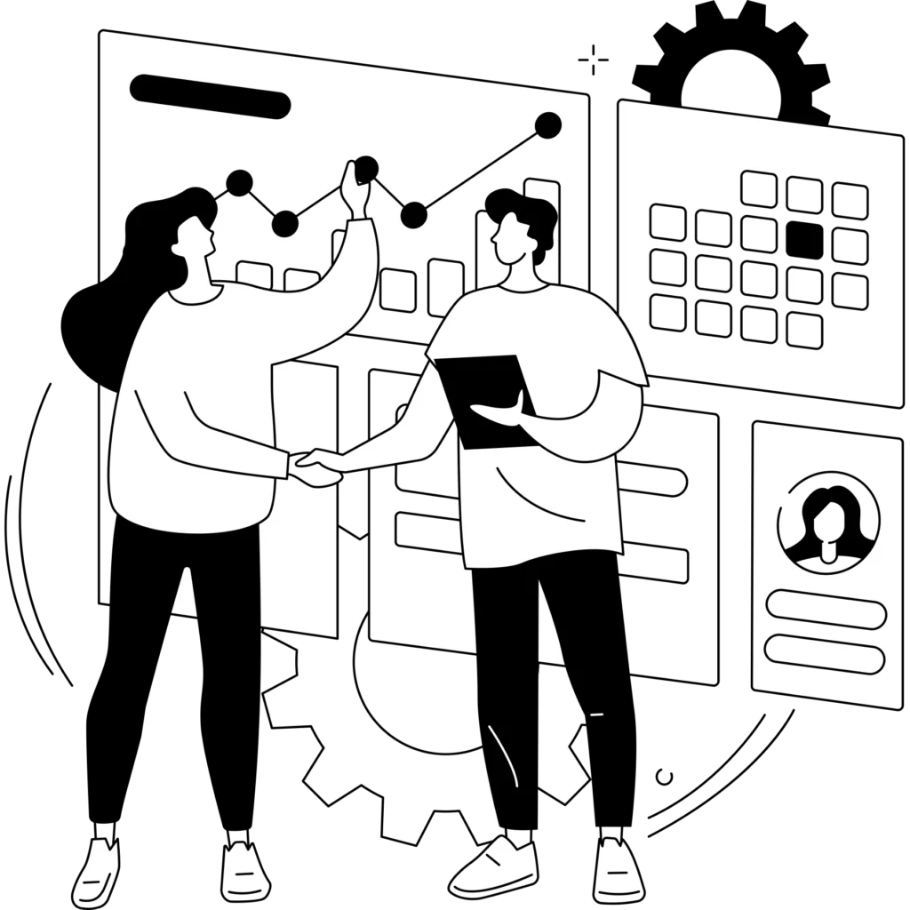 Black-and-white illustration of two people collaborating on analytics dashboards, shaking hands in front of charts, data panels, and gear icons.