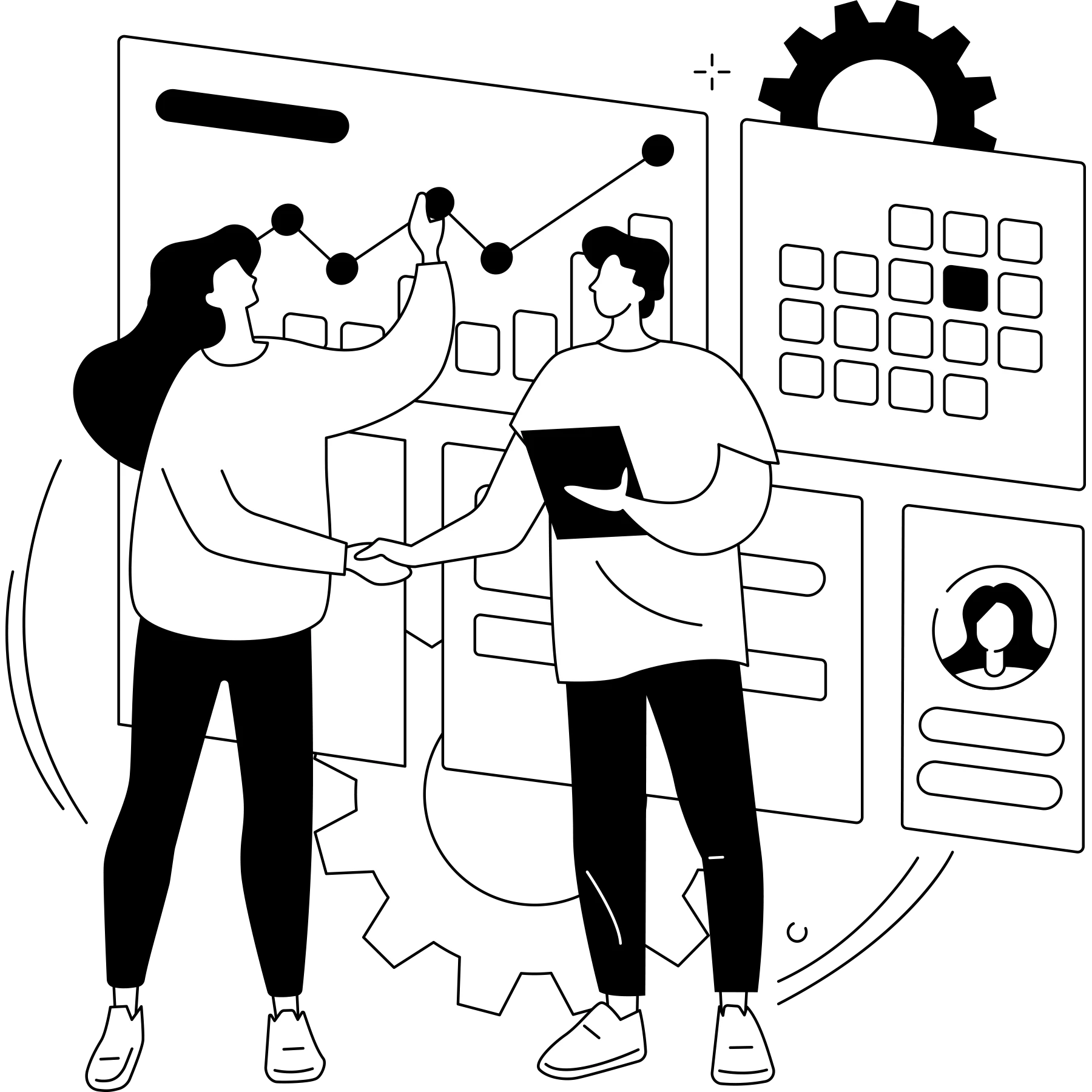 Black-and-white illustration of two people collaborating on analytics dashboards, shaking hands in front of charts, data panels, and gear icons.
